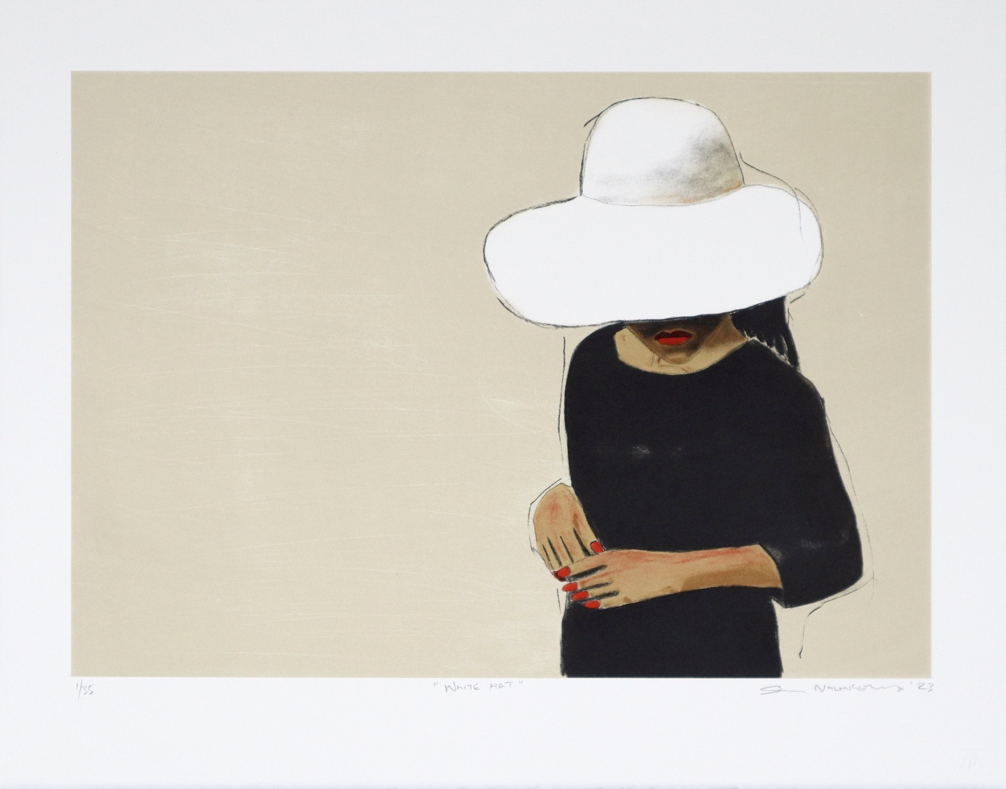 Sam Nhlengethwa lithograph of woman wearing hat looking down