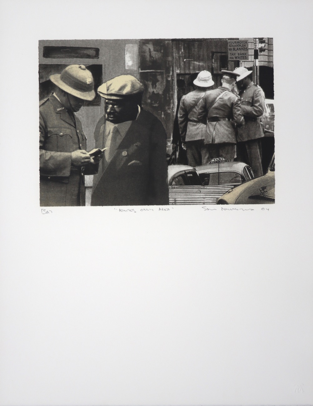 Apartheid policemen inspecting dom passes, photo collage with Apartheid era signage