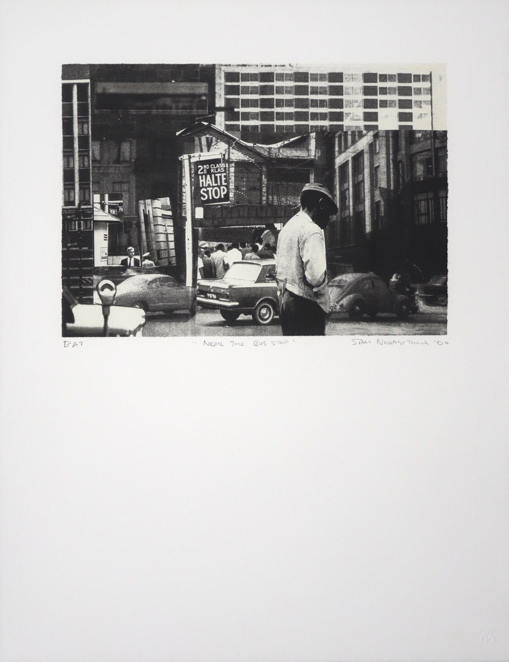 Man in the foreground with racist Apartheid bus stop sign behind him in cityscape