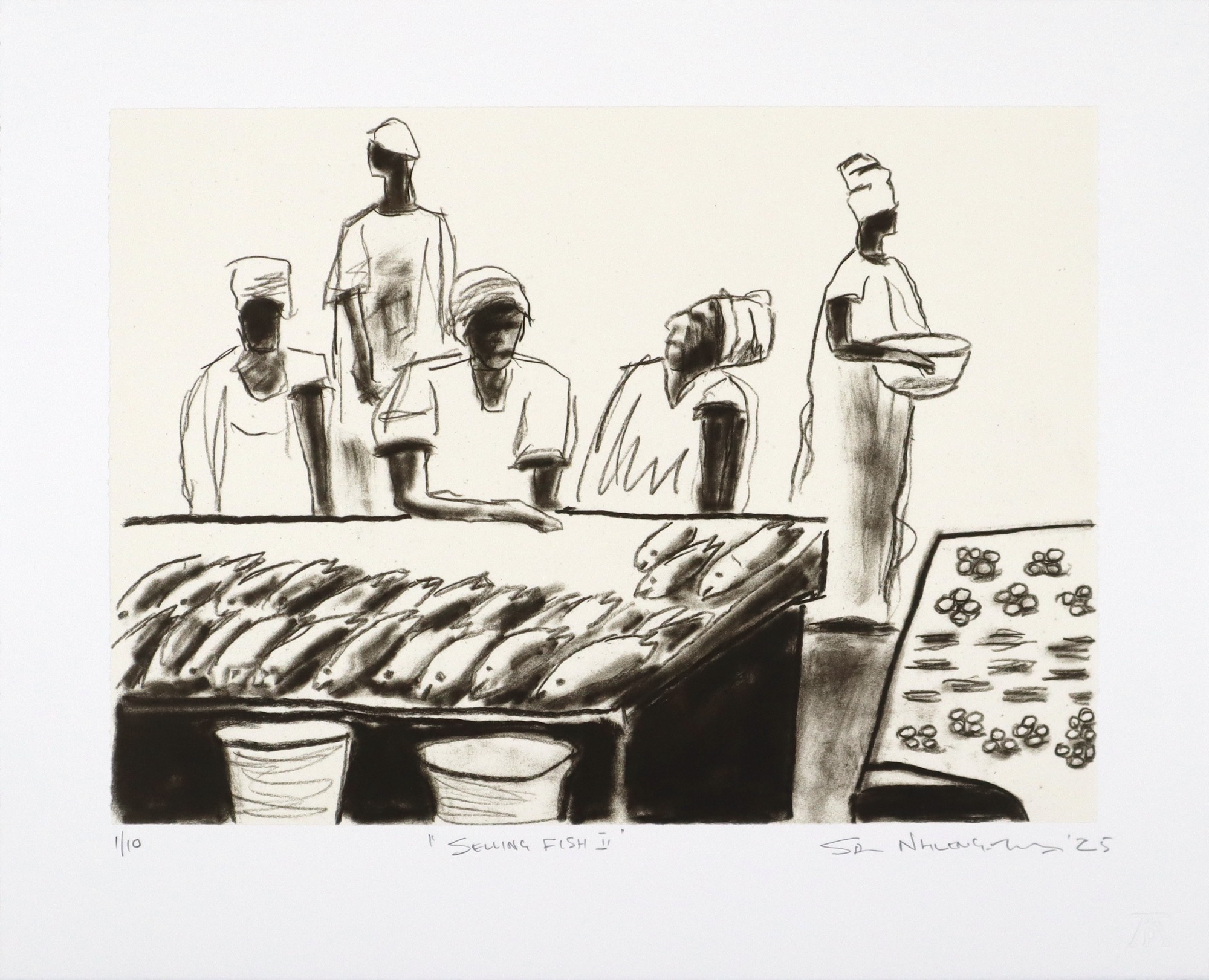Sam Nhlengethwa Selling Fish  I 2025 lithograph