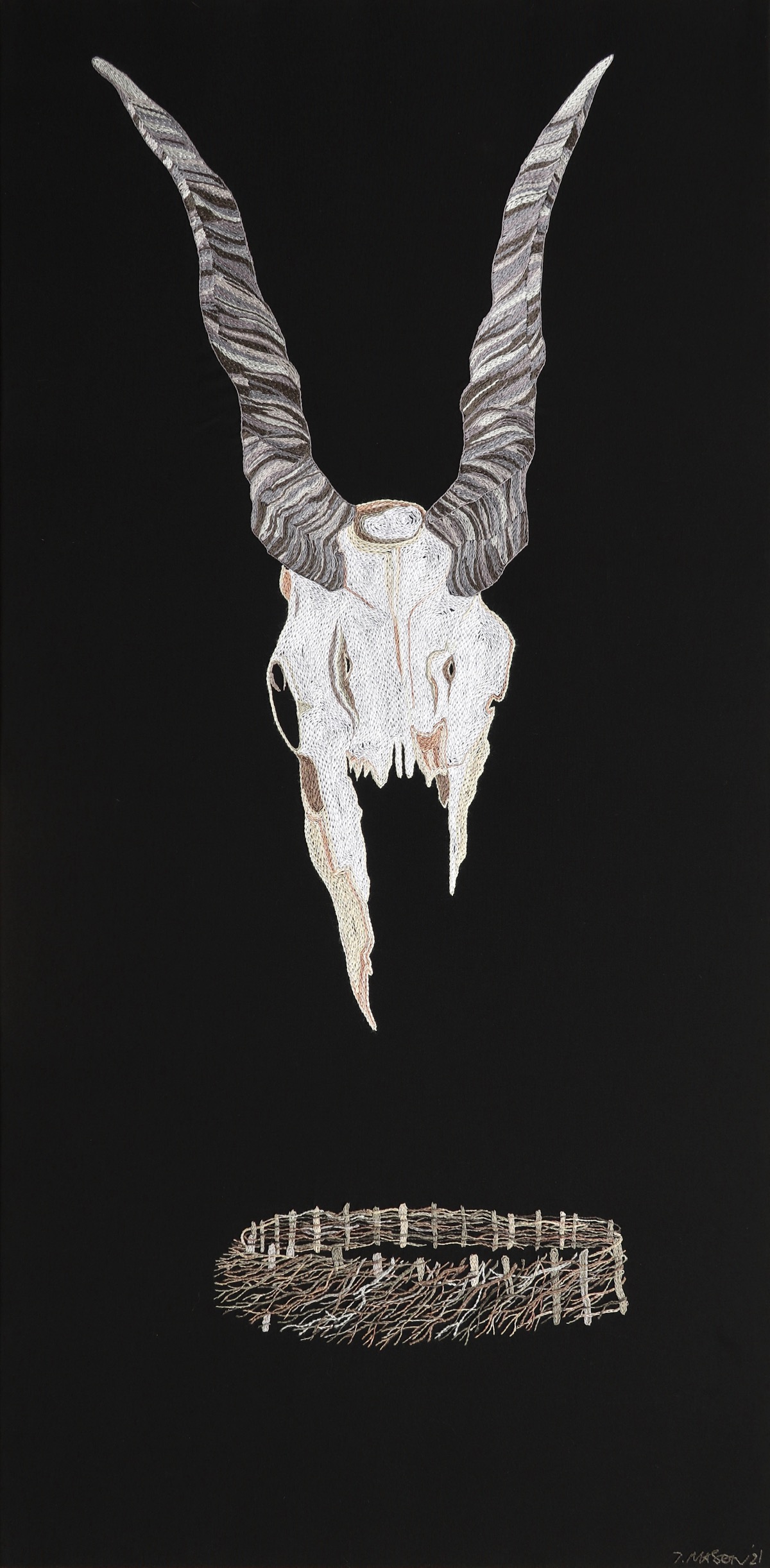 Tamar Mason embroidery eland skull with cattle kraal