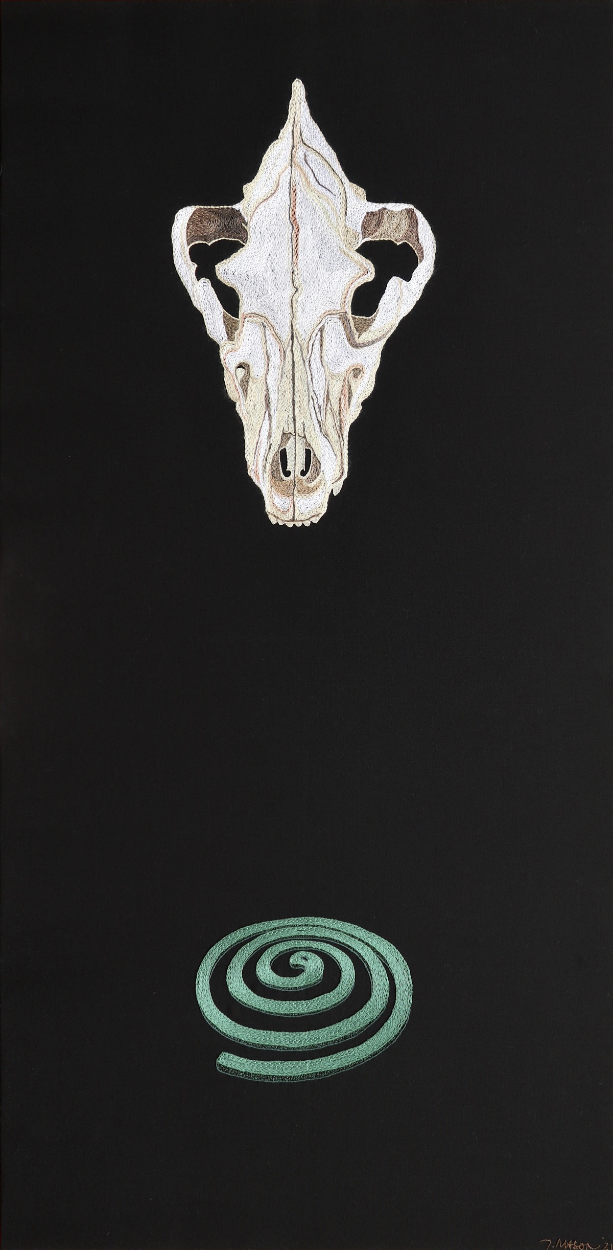 Tamar Mason embroidery of hyaena skull and mosquitoe coil