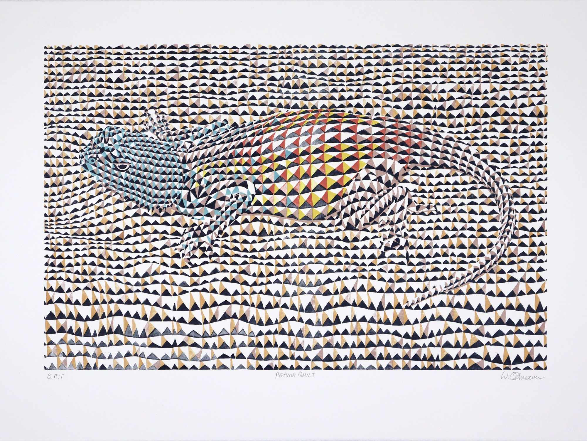 Walter Oltmann lithograph Agama lizard against geometric background Walter Oltmann lithograph Agama lizard against geometric background