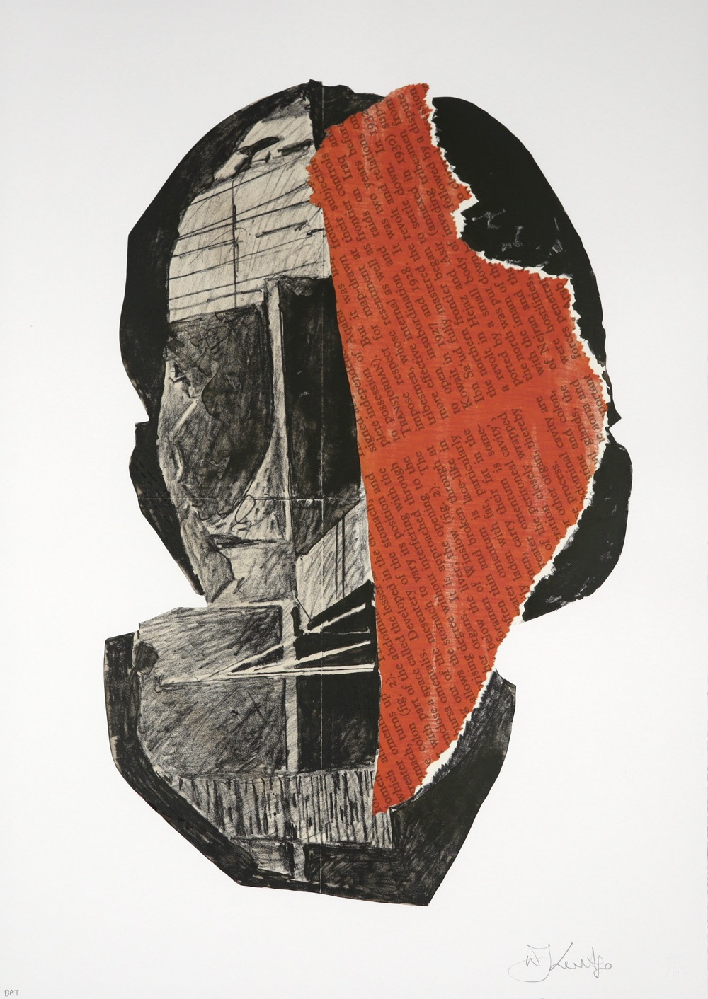 Head and shoulders abstract portrait of a woman with torn red paper collaged onto half of her face by William Kentridge.