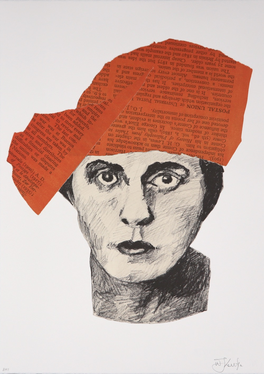 Portrait of Lily Brik looking at viewer wearing an orange head scarf on a plain background by William Kentridge