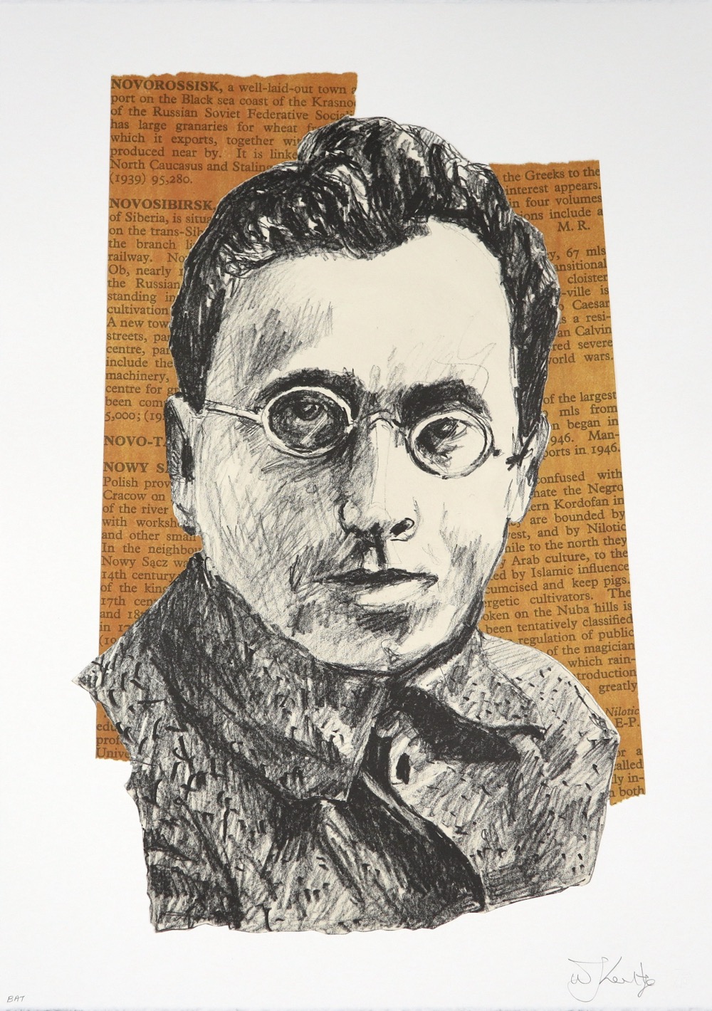 Portrait of a Soviet official by William Kentridge. Drawn in black of a man wearing glasses facing forward with torn orange strips of paper with text in the background