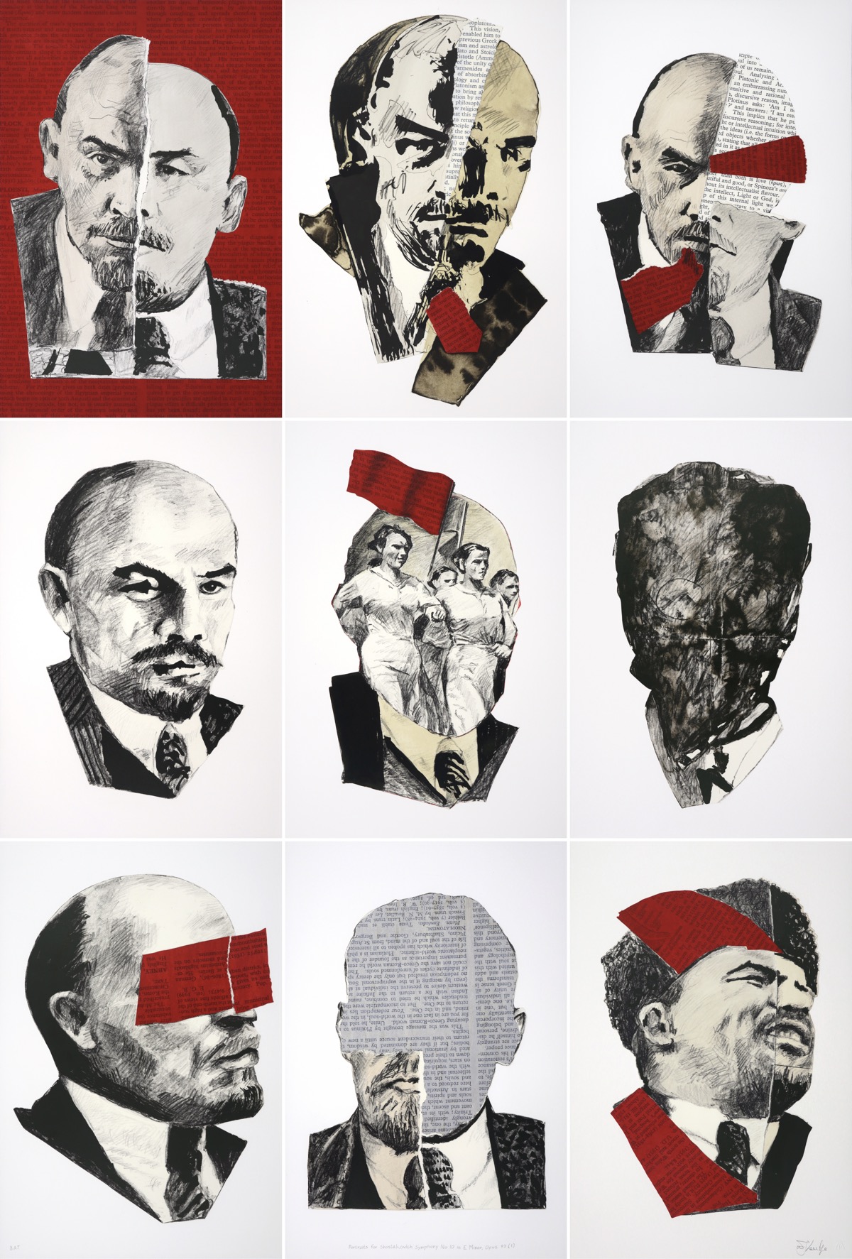 Map-fold artwork by William Kentridge featuring nine portraits of Lenin in muted greys and black with red elements