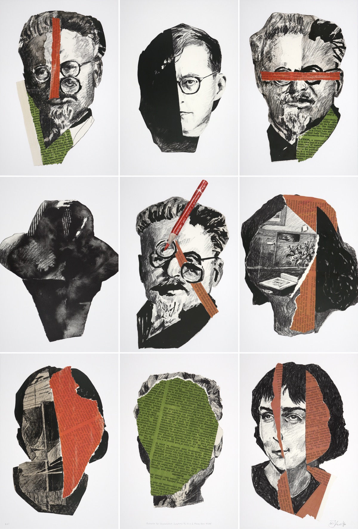 Nine-panel map-fold limited edition print by William Kentridge with portraits of Trotsky, Shostakovich and Nazirova