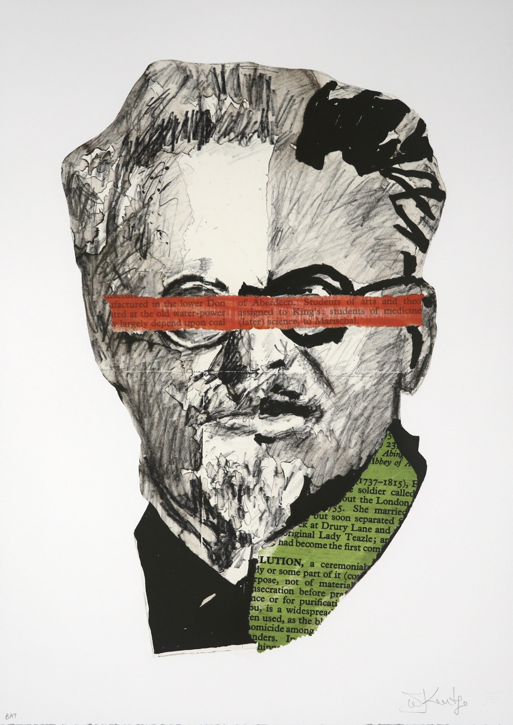 Head and shoulders portrait of Trotsky by William Kentridge in black and white with collaged red and green text elements