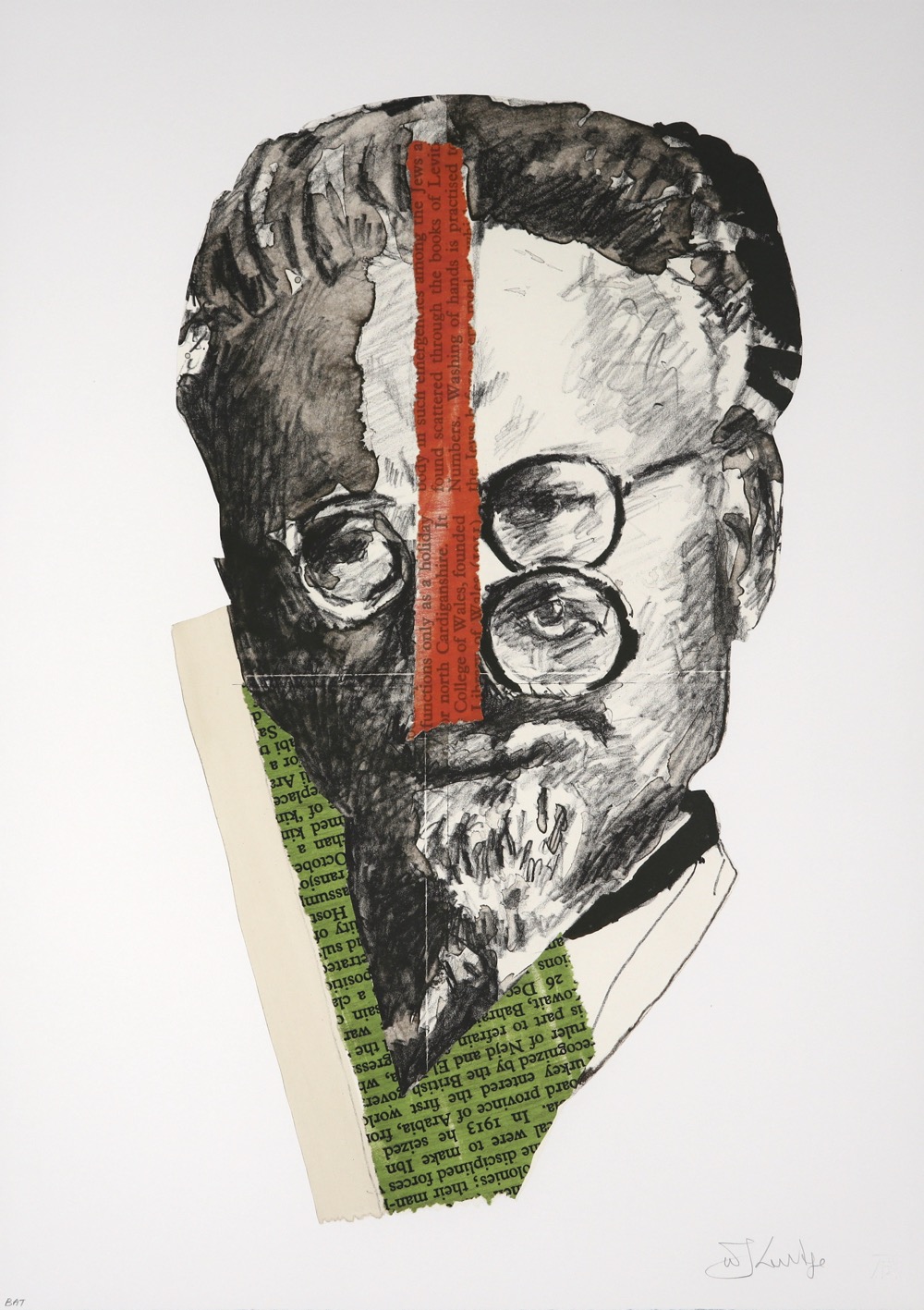 Portrait of Trotsky showing head and shoulders facing toward the viewer with abstracted elements, by William Kentridge