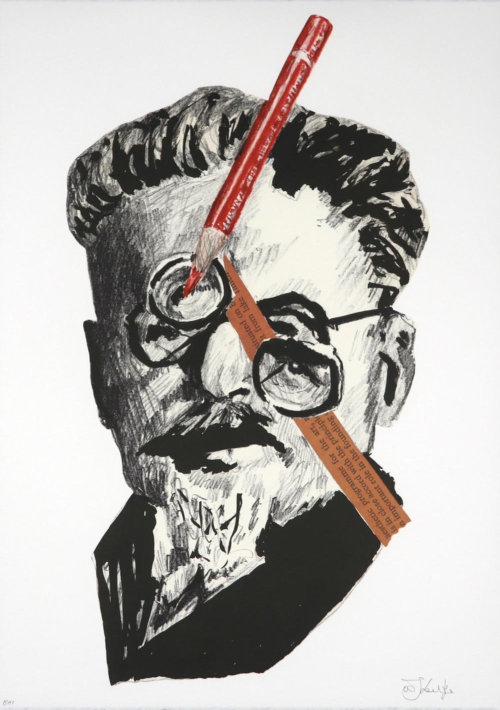 Portrait of Trotsky in red and black on white background. Red pencil in front of the forehead and multiple spectacles and eyes by William Kentridge.