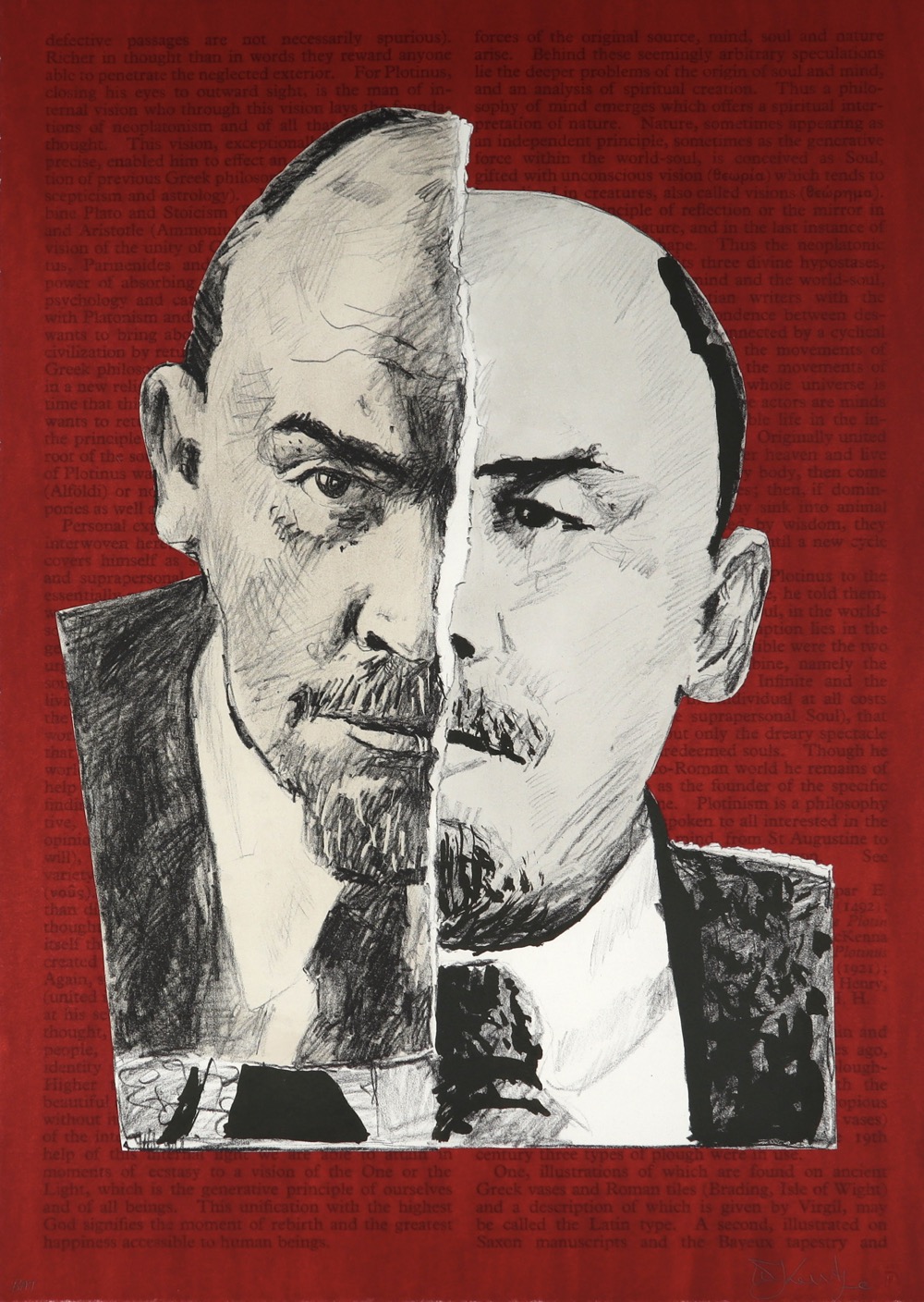 Portrait of Lenin by William Kentridge on a red background with face split down the middle using torn paper and muted colours for face