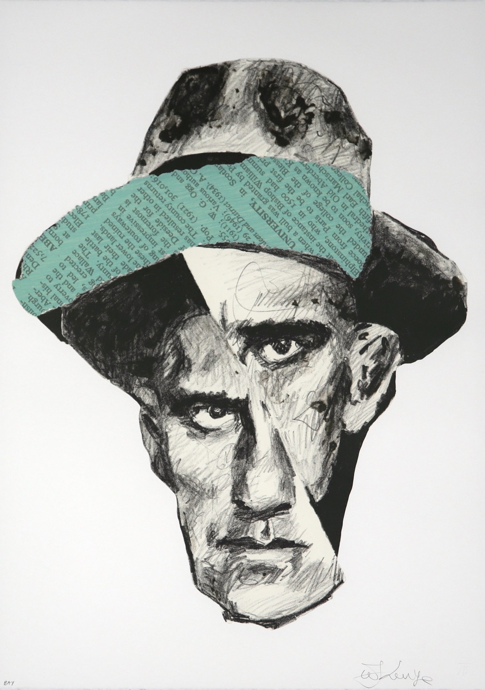 Portrait of Vladimir Mayakovsky by William Kentridge facing viewer wearing a hat, face split diagonally from top left referencing collage on white background