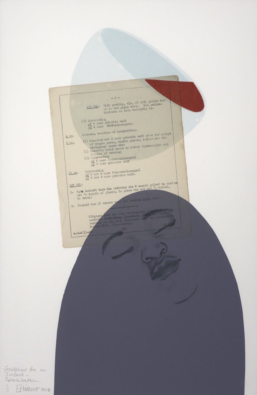 Sleeping child's face sketch in grey ellipse with typed text page and tiltled pale blue bowl containing blood