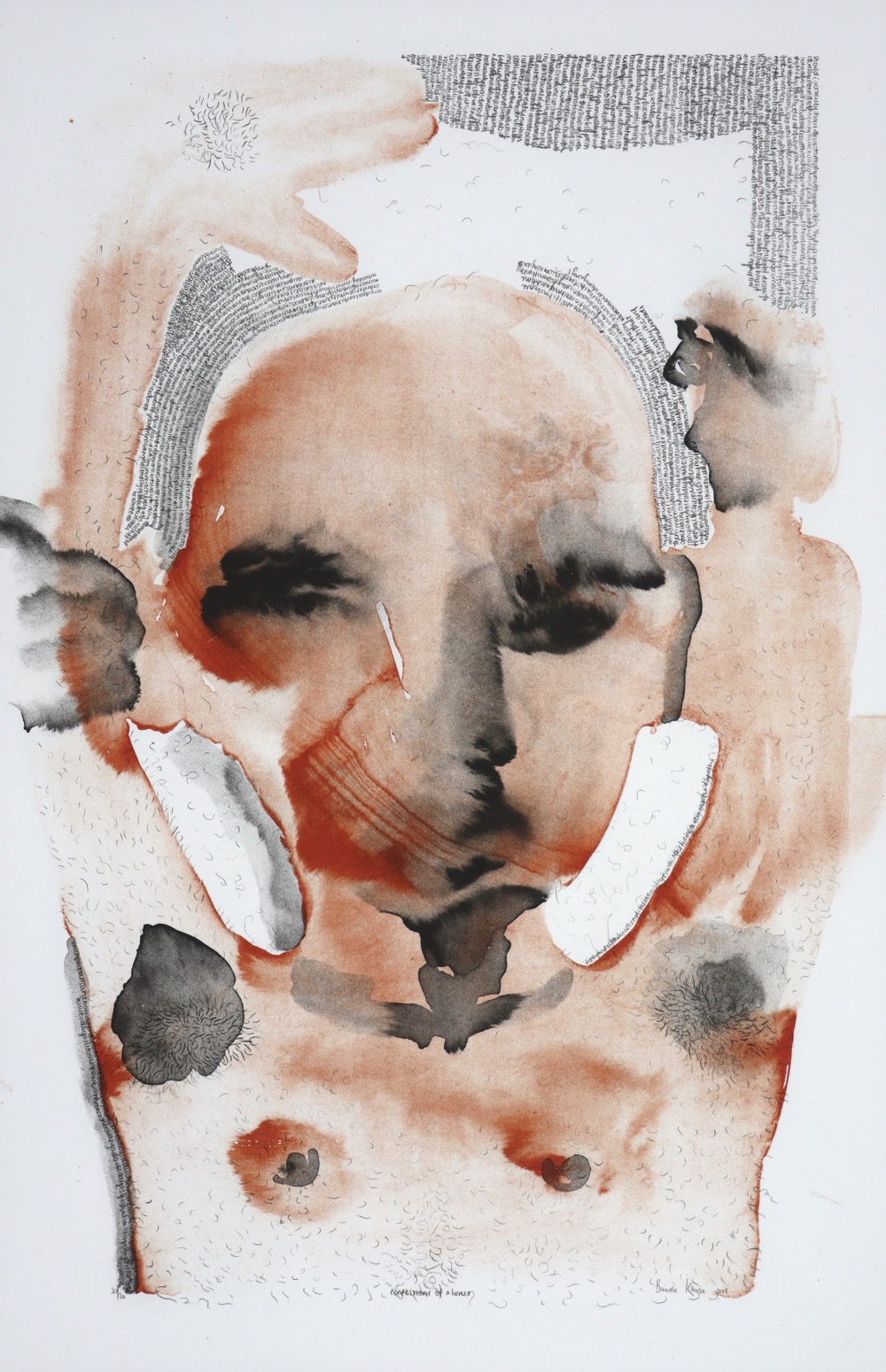 man's head and torso with arms raised. Handwriting worked into the area between head and arms.