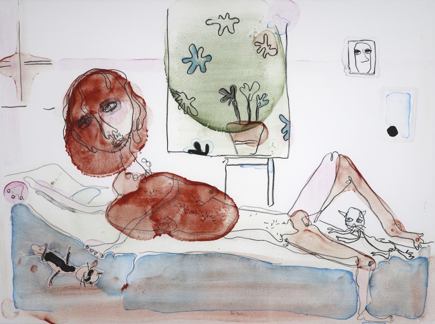 a loosely drawn reclining male figure on a bed with two cats and flowers