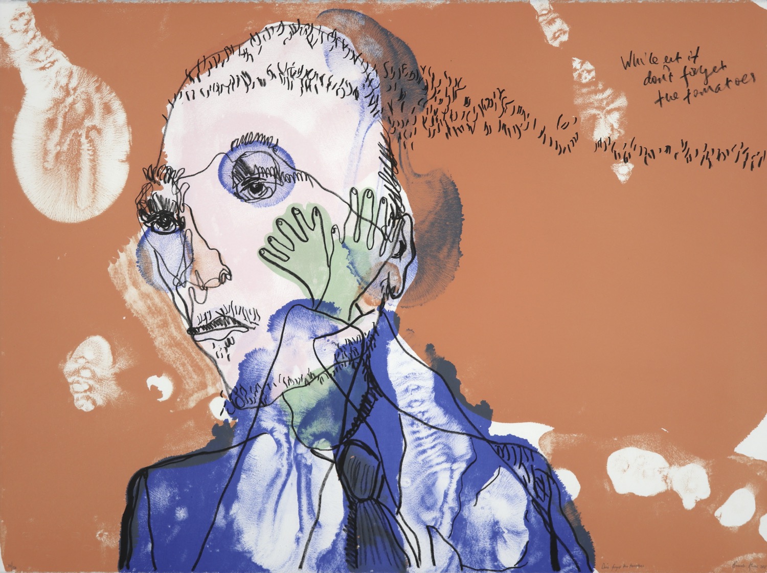a man in a blue suit with salmon coloured background. Handwritten text  reads "while at it don't forget the tomatoes"