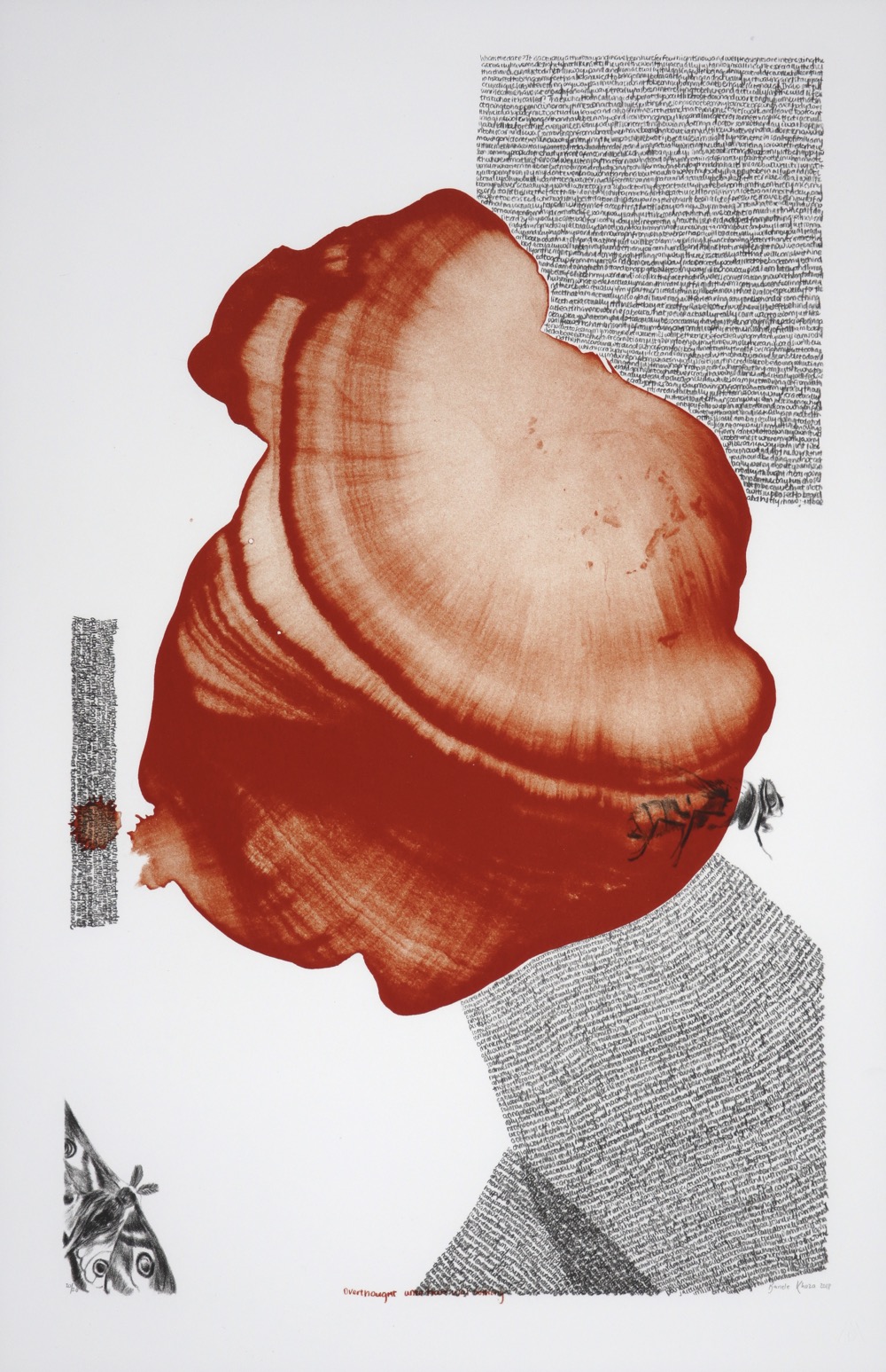 a person's face in profile in burnt orange colour with black handwritten text creating neck form