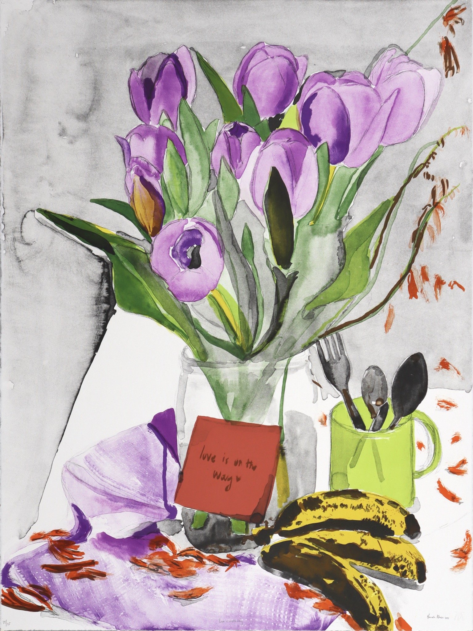 Banele lithograph of a green cup with lilac tulips in it