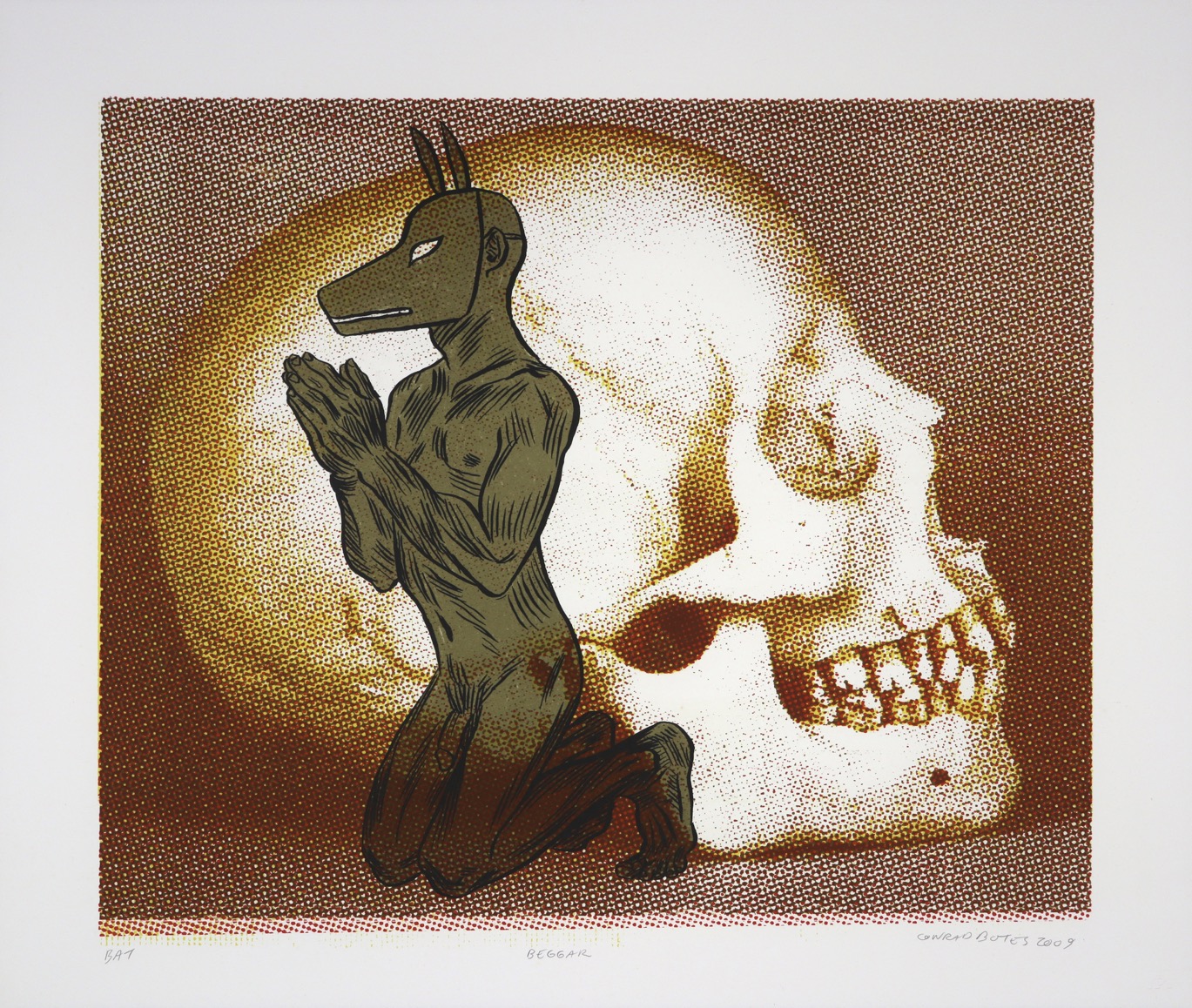 Naked man wearing dog mask kneeling in prayer in front of enlarged photograph of human skull.