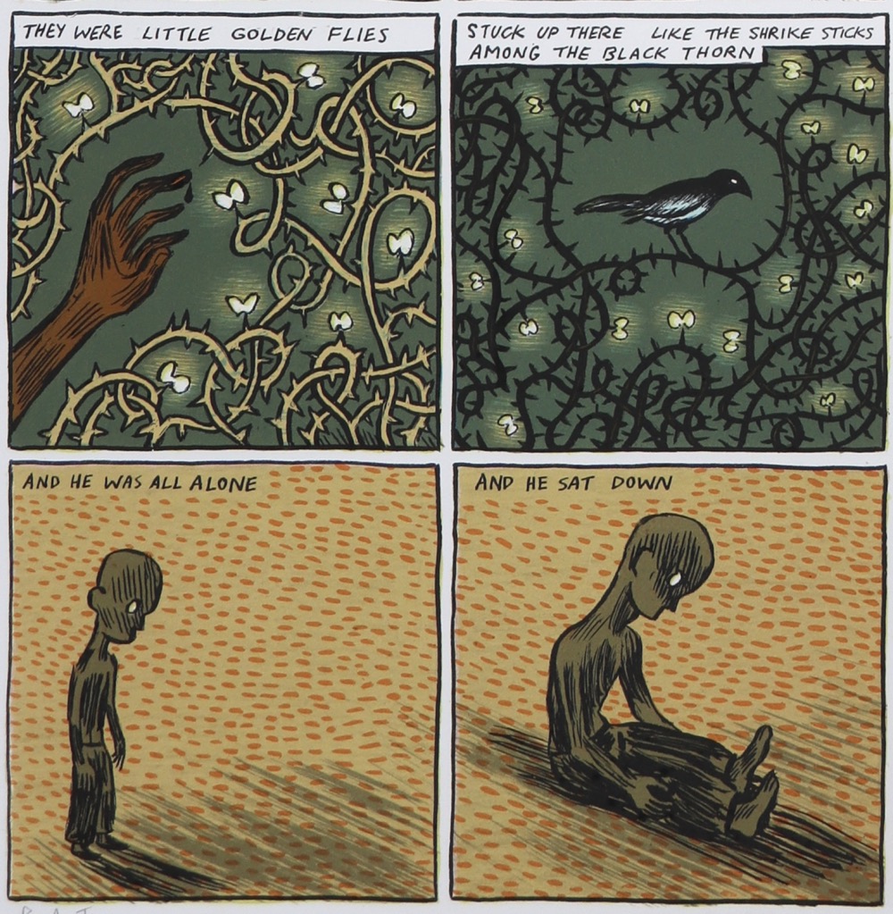 Four comic panels showing details of larger print with hand and thorns, fireflies, bird and boy.