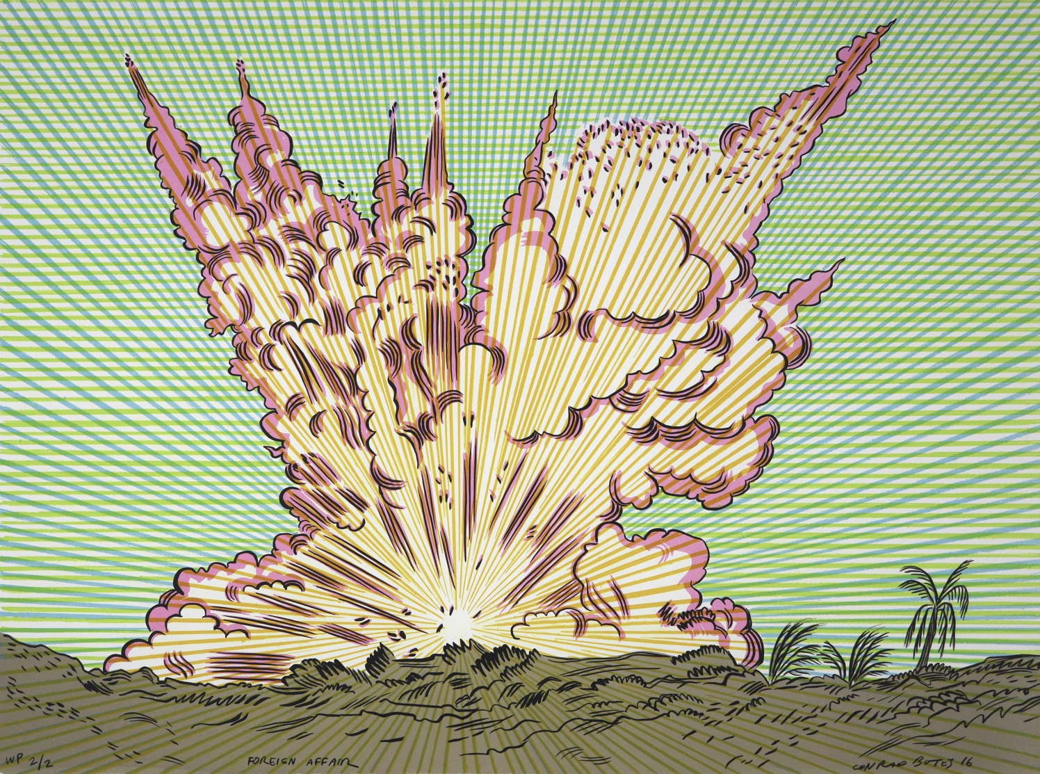 Comic style depiction of an explosion on the horizon of a tropical lanscape