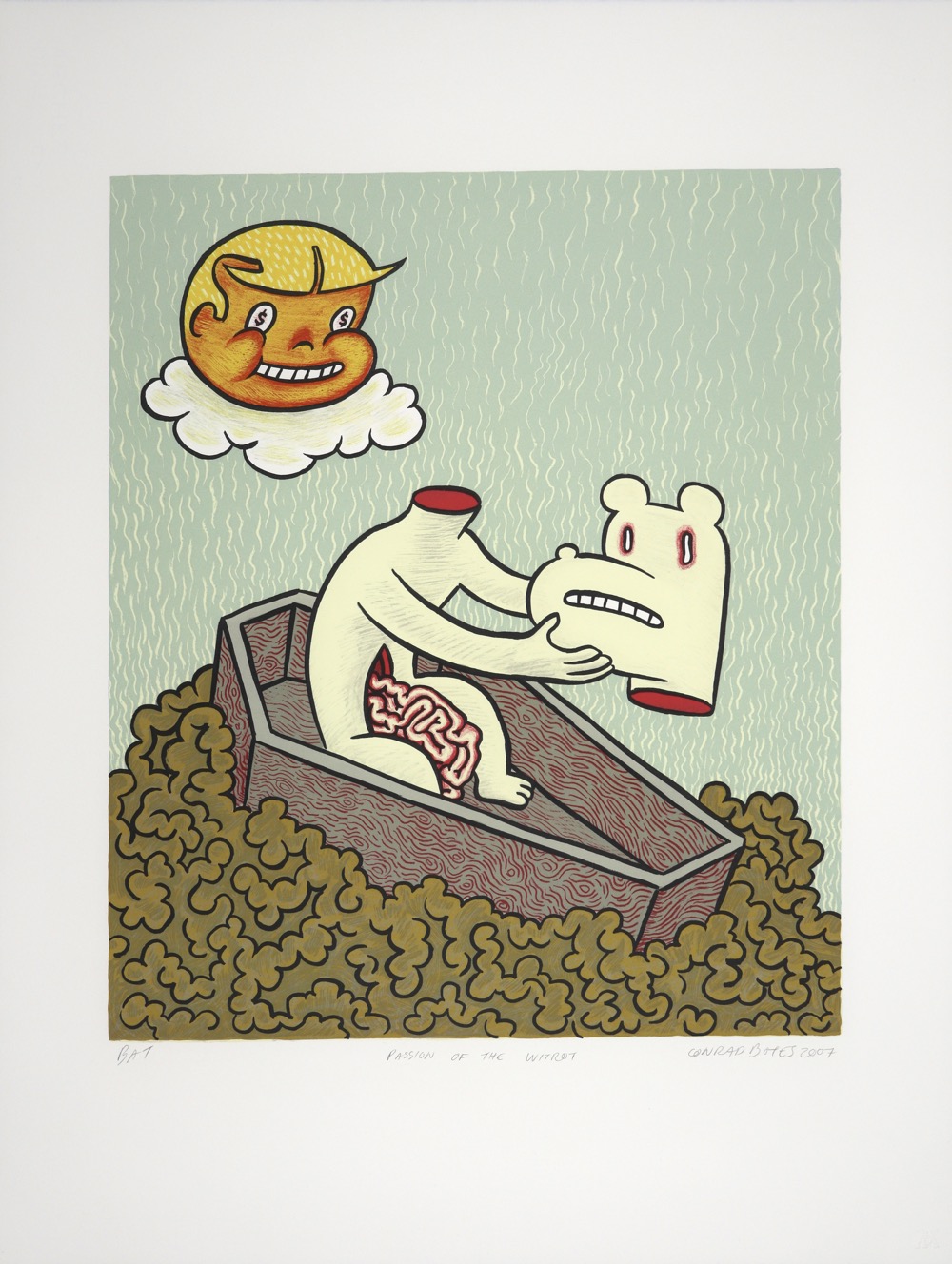 Coffin floating on entrails with dog figure removing its head with smiling boys head floating on cloud. Coffin floating on entrails with dog figure removing its head with smiling boys head floating on cloud.