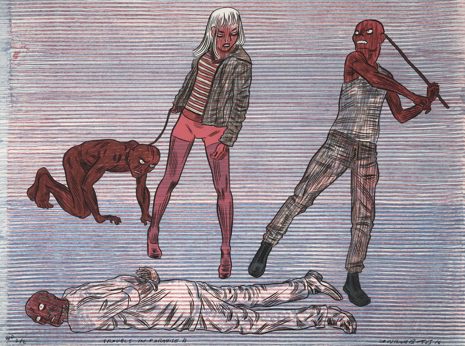 Four zombie-like human figures drawn in a comic style interacting with a striped background