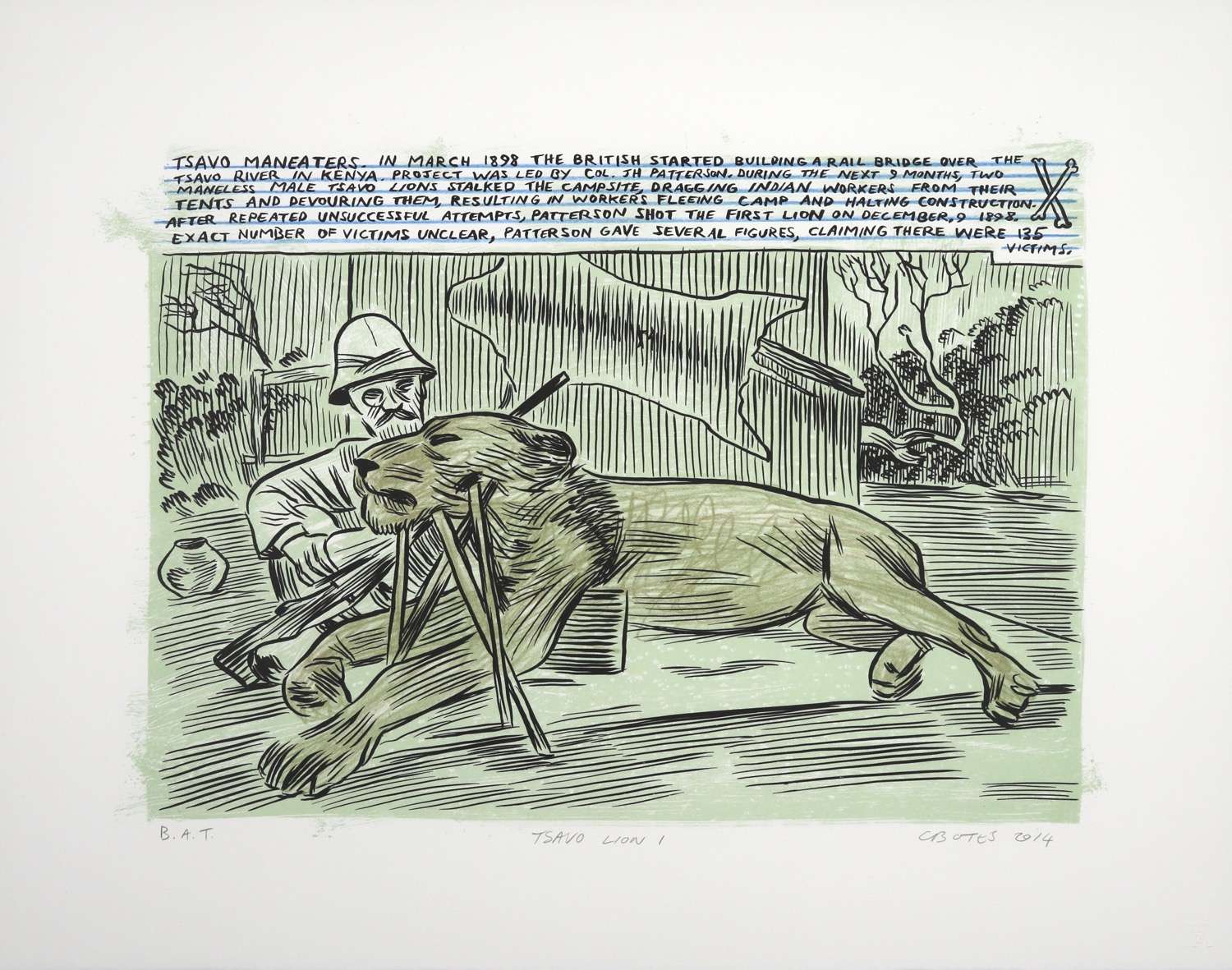 Dead lion propped up in front of hunter with pith helmet, drawn in comic style with explanatory text