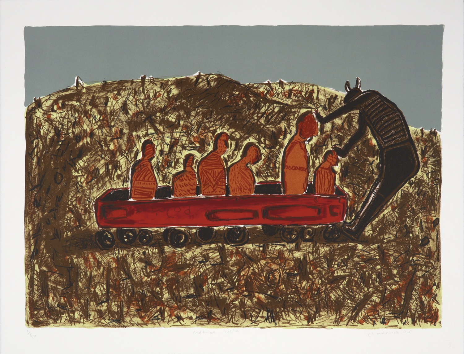 Six figures seated in a rectangular wheeled box being stopped by horned figure facing them.