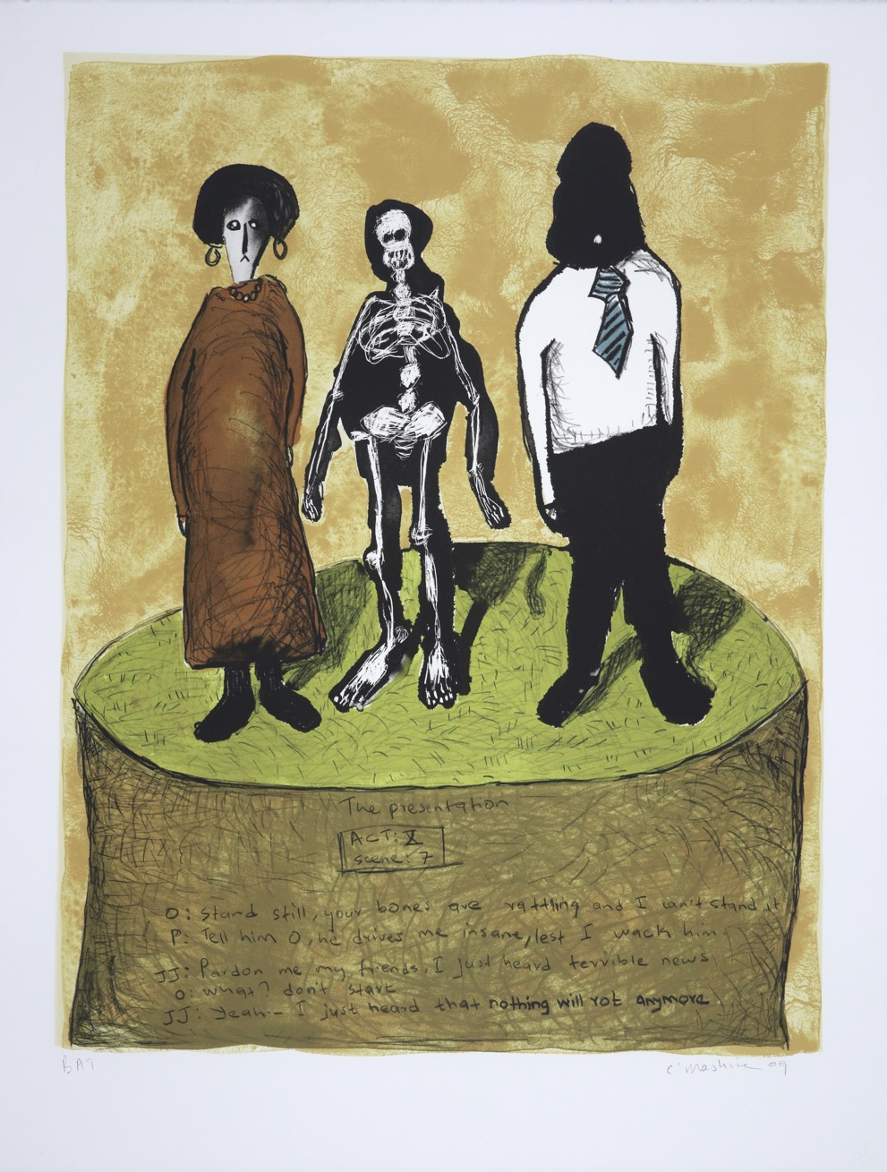 Three figures standing on a raised circular platform. The middle one is a skeleton.