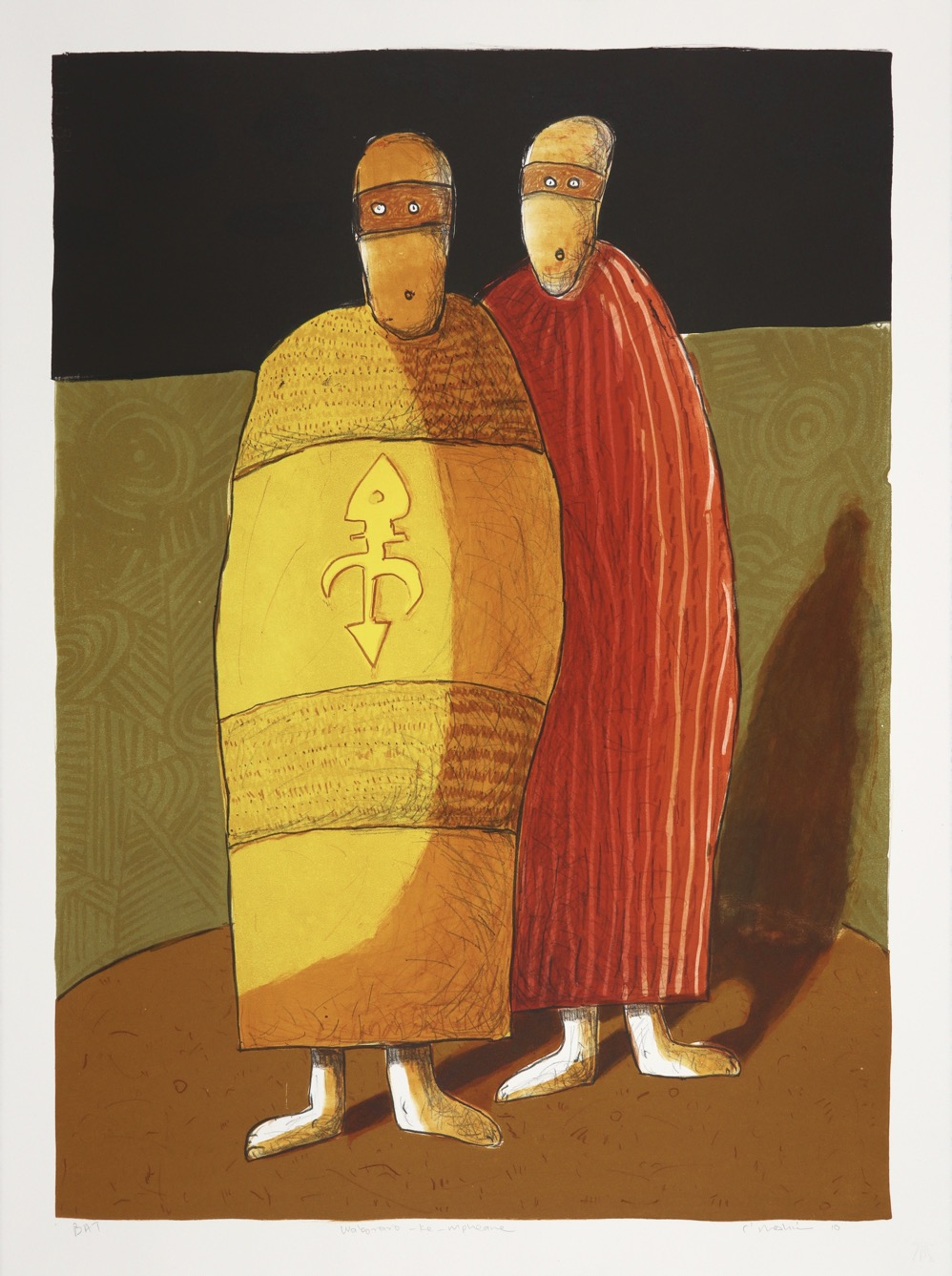 Two cloaked figures with a single shadow standing next to each other in a patterned enclosure