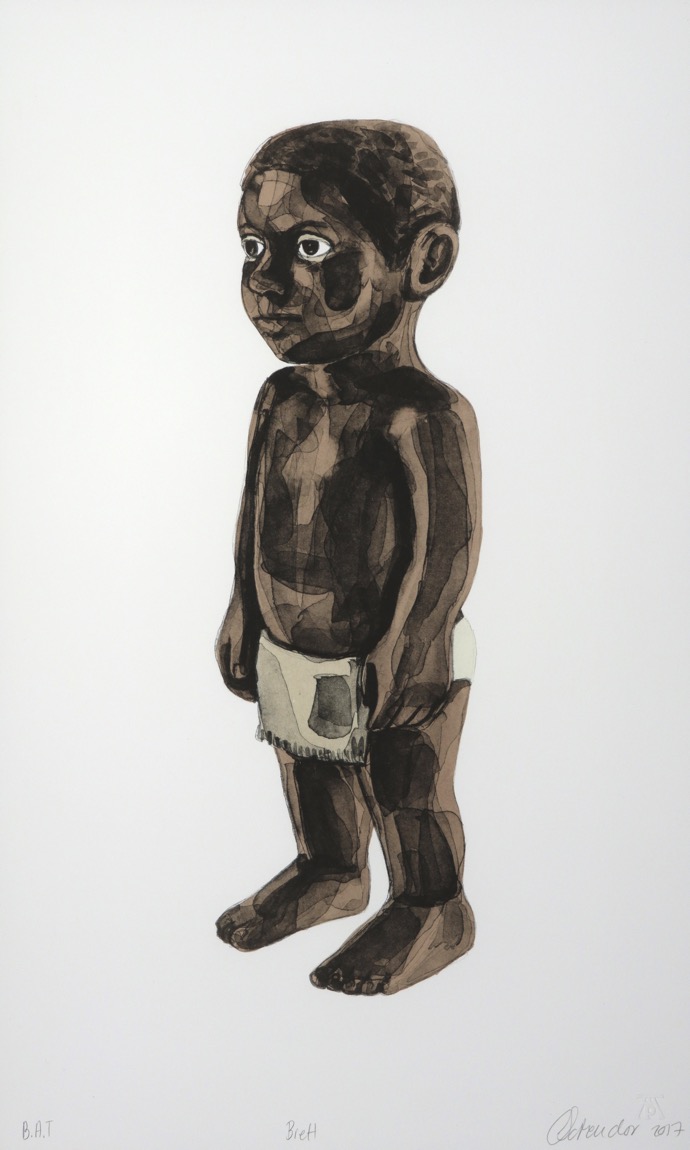 a figure of a standing toddler dressed in a loincloth facing sideways