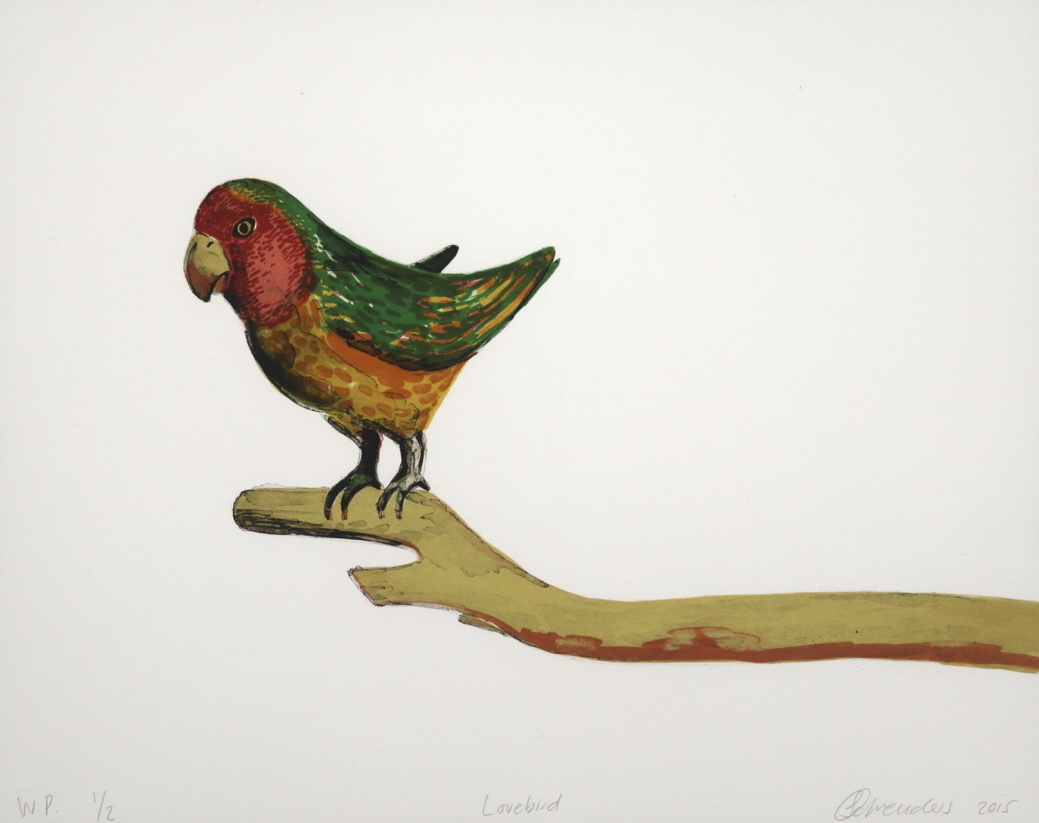 A brightly coloured love bird standing on a wooden branch perch