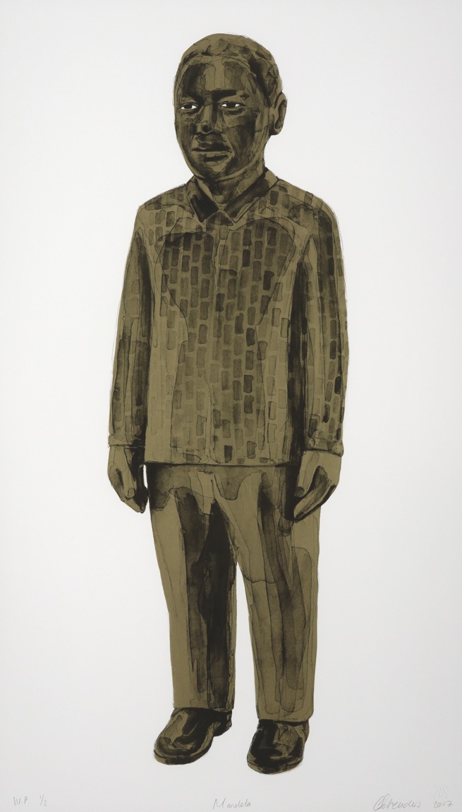 full-length portrait of Nelson Mandela standing and wearing a patterned shirt in brown tones.