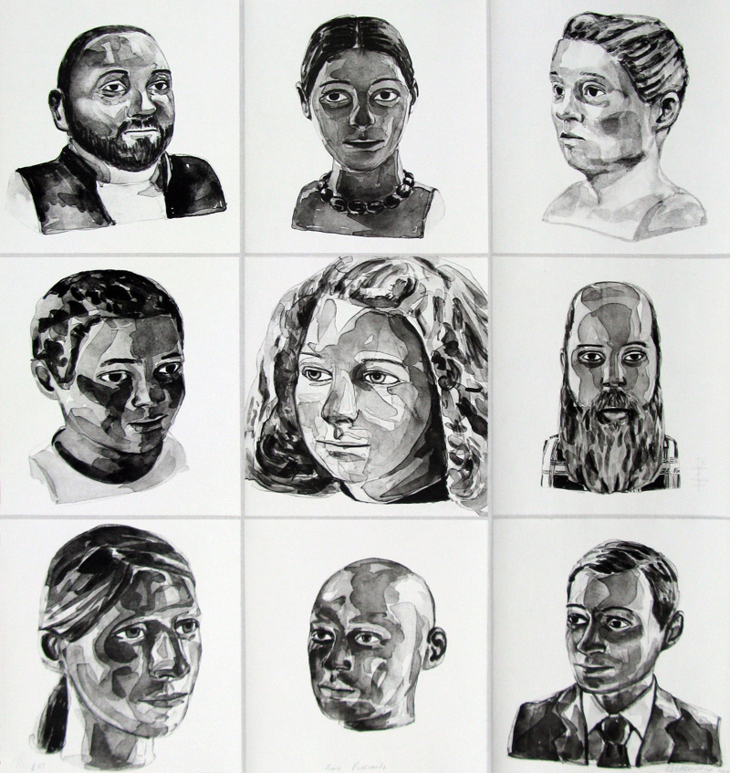 Nine portraits of men and women in black and white. Each portrait adheres to the fabric separately.