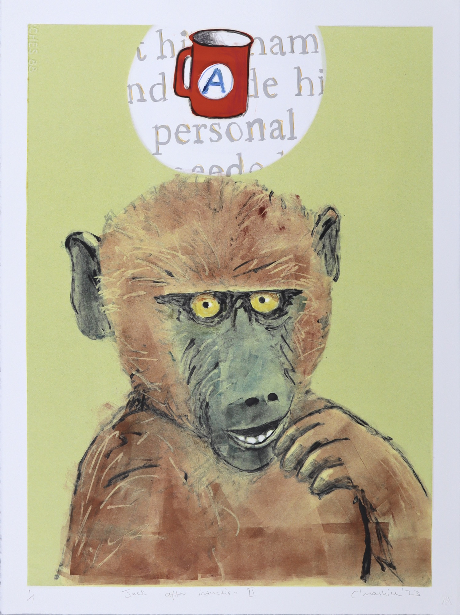 monotype of young baboon showing head and torso by Colbert Mashile