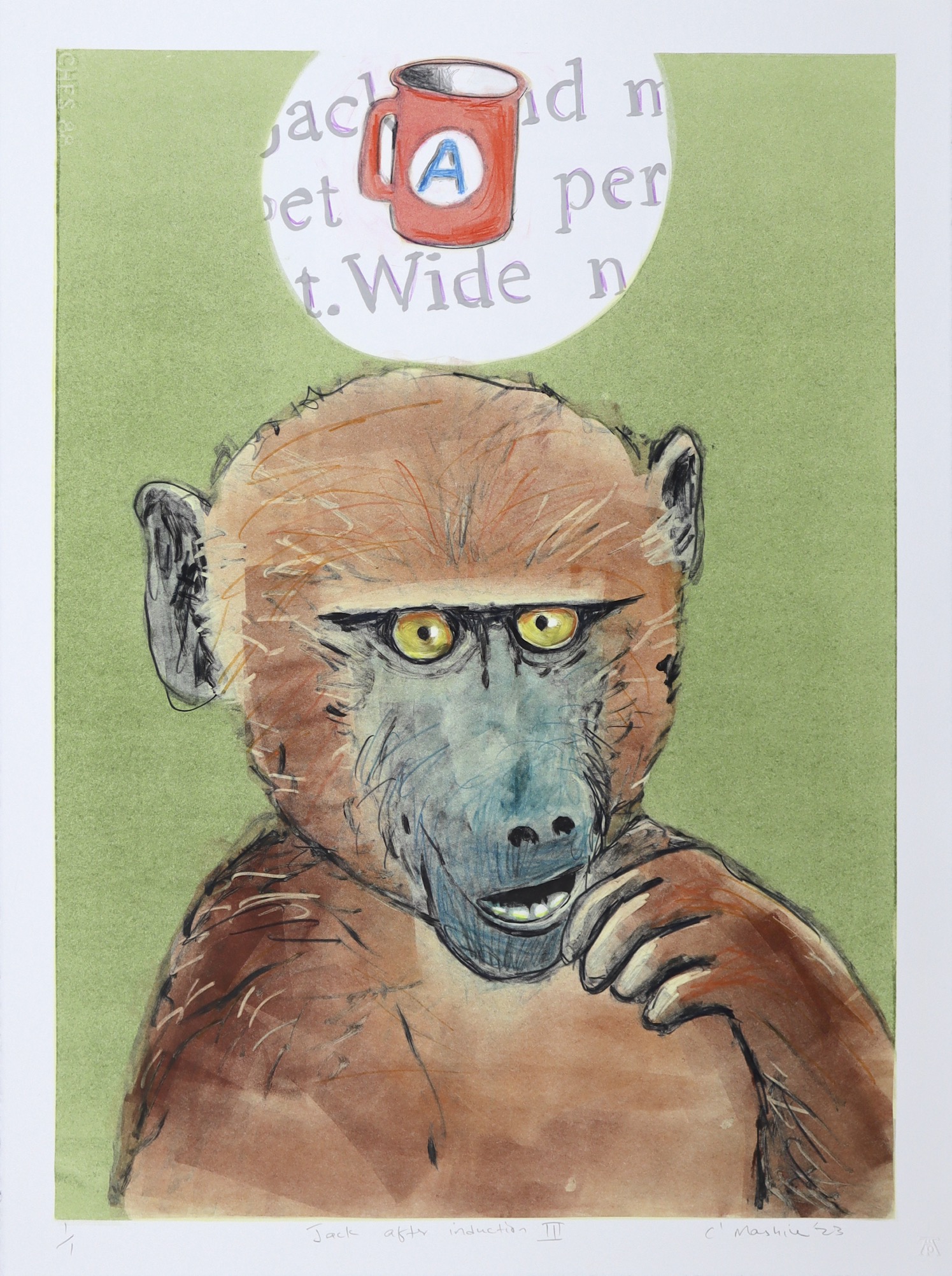 Colbert Mashile baboon monotype in browns with green background