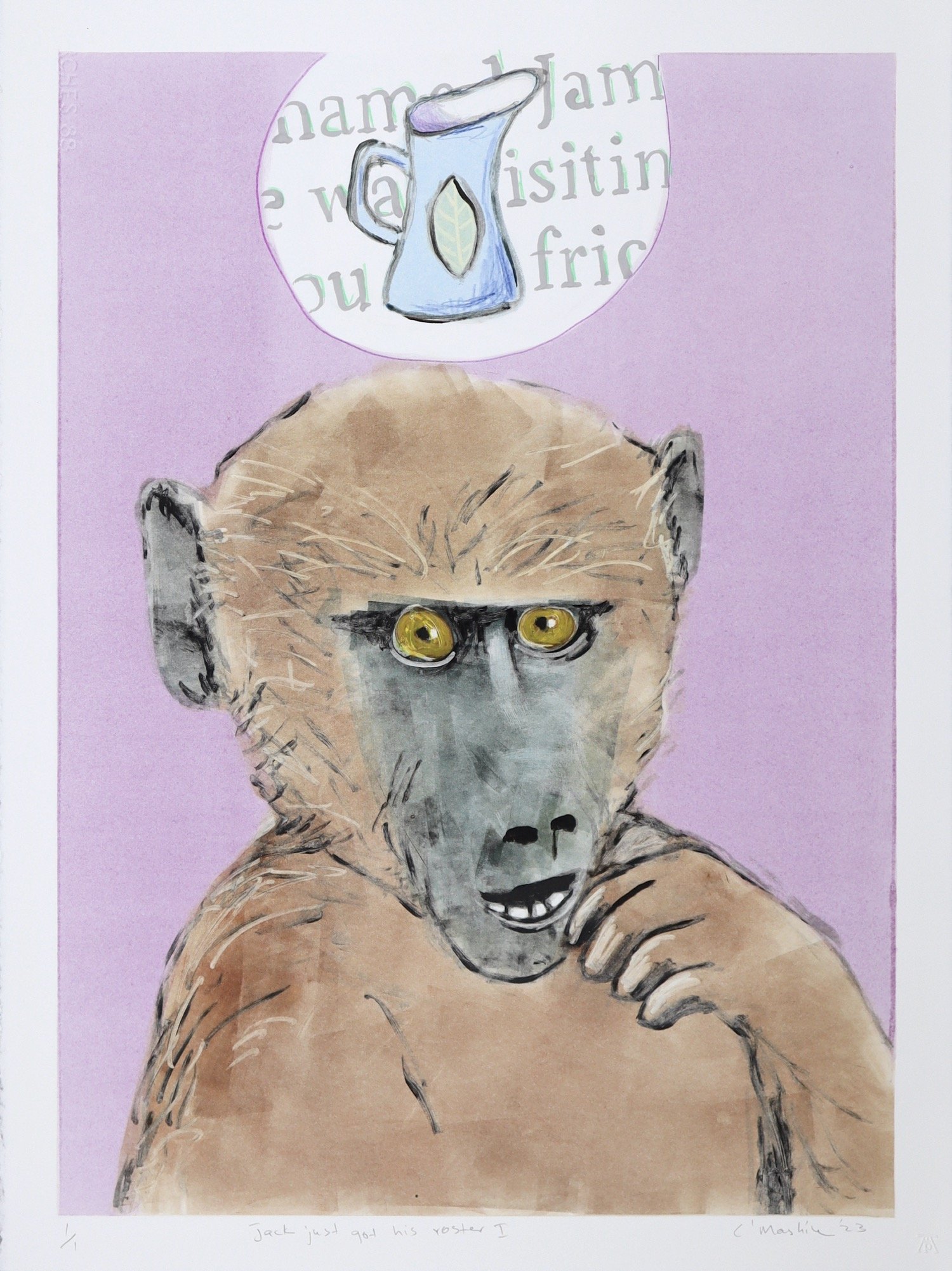 monotype of young baboon head and torso by Colbert Mashile