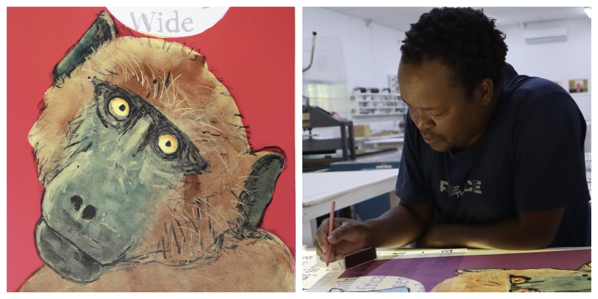 Colbert mashile working and one of his baboon prints as a link to his page on this website