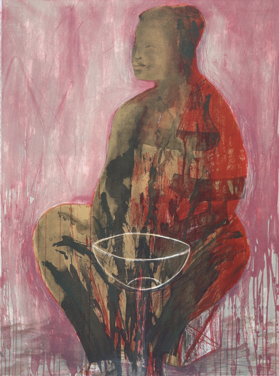 Large seated female figure with empty bowl in her lap