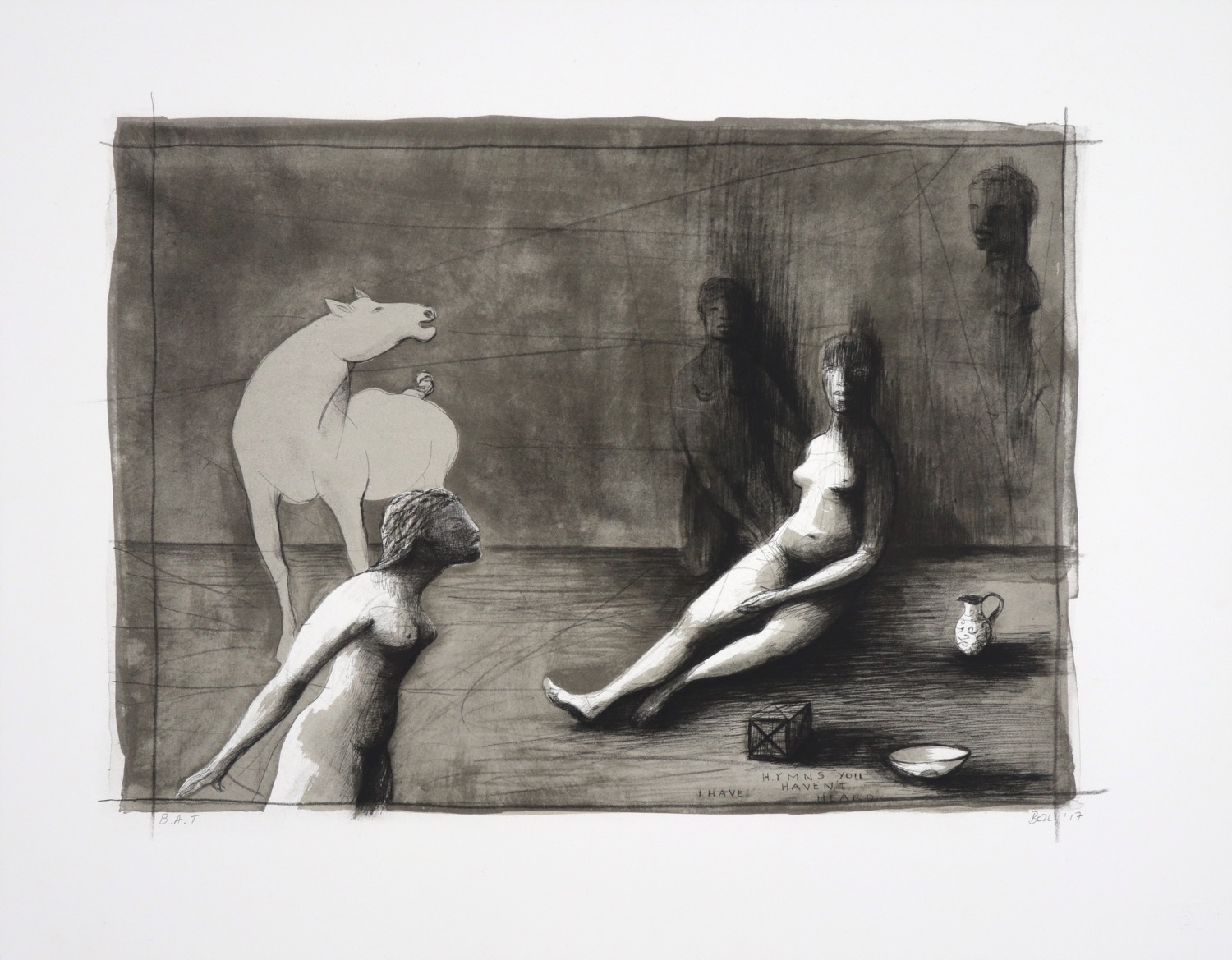 Three naked female figures in a shared space with a horse and objects