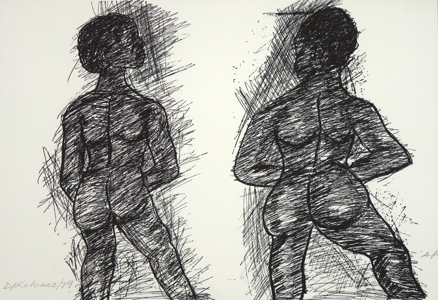 two naked human figures drawn from the back