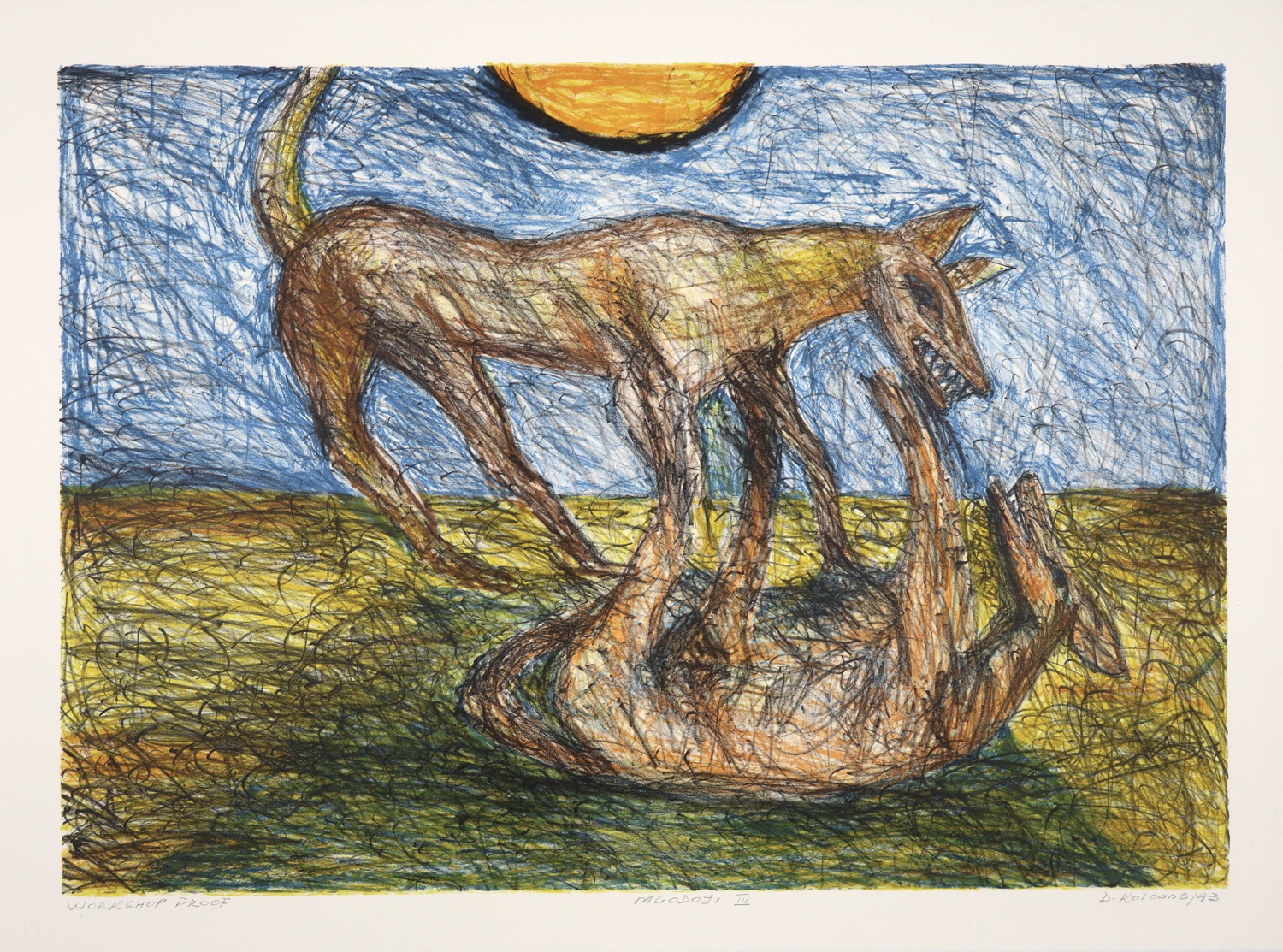 Landscape with sun with two dogs in the foreground fighting, one of them lying on its back.