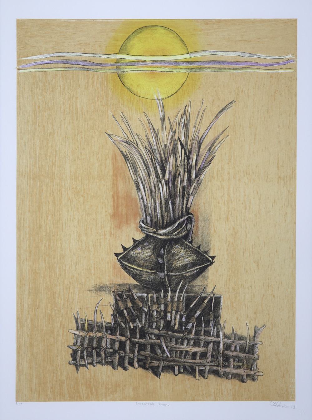 A barrier of spiky wooden posts with decorated clay vessel in middle of the frame with sun and clouds at the top.