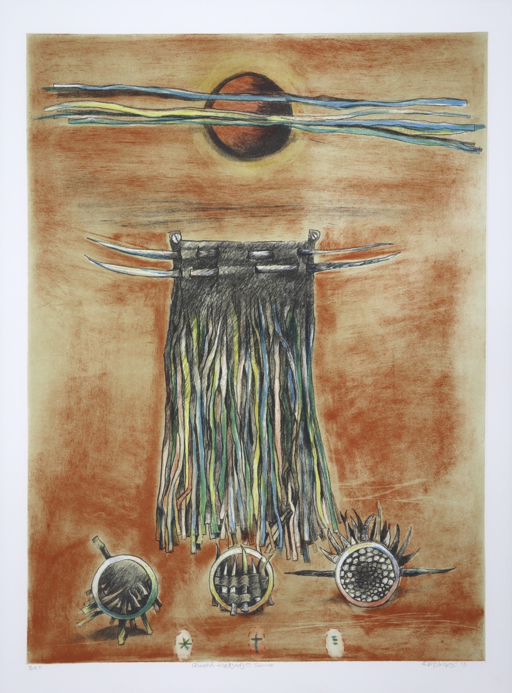 Bottom of print three round objects with porcupine quills, middle shows tasselled leather garment, sun with cloud lines at top.