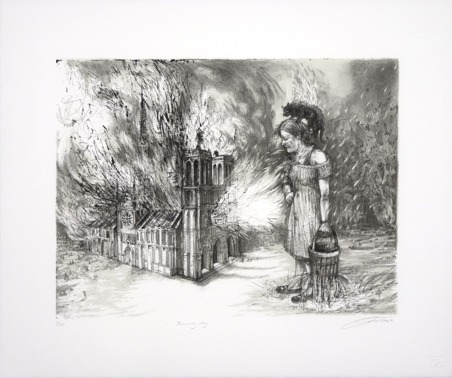 Lithograph of a woman standing with leaking bucket in front of burning Notre Dame Cathedral