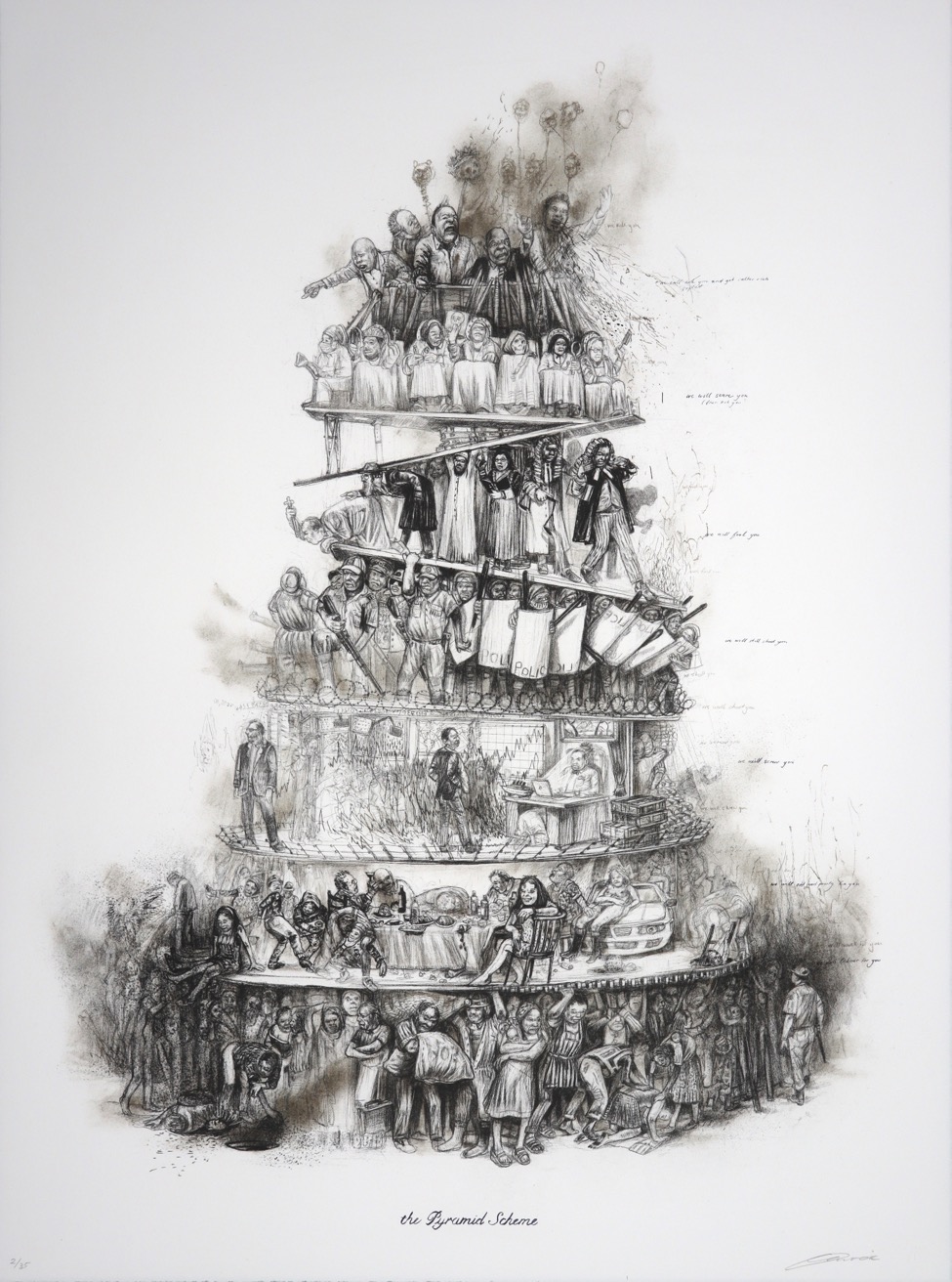 Tower of Babel-like image with different social classes on different levels