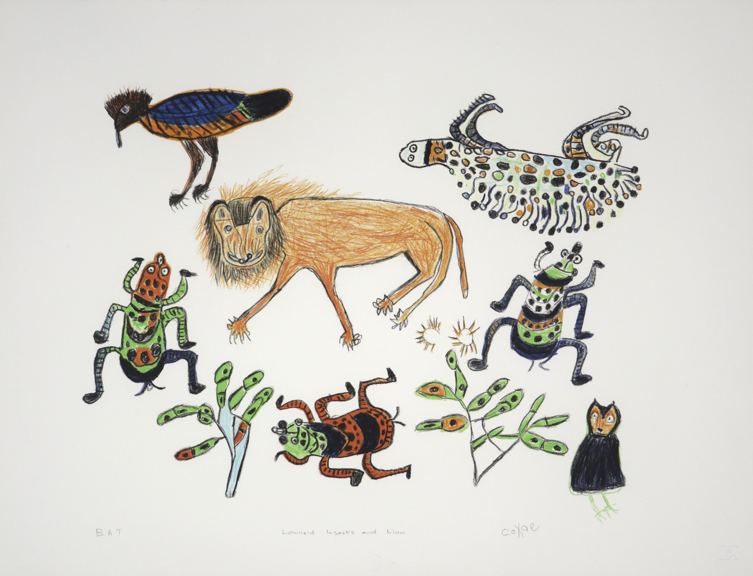 Colourful maginary insects, a lion, plants and birds set on a blank background