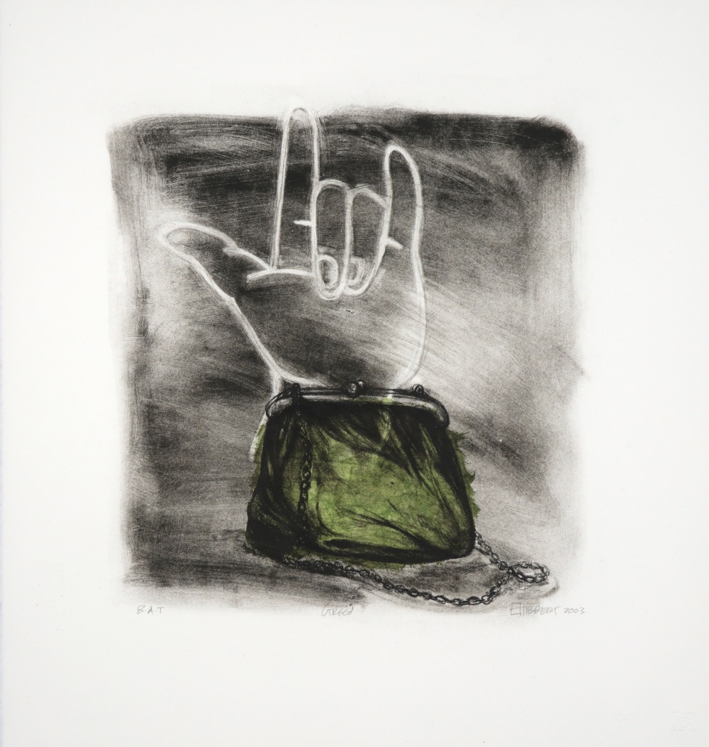 Lithograph print of hand outline showing safe sign with small green purse in foreground
